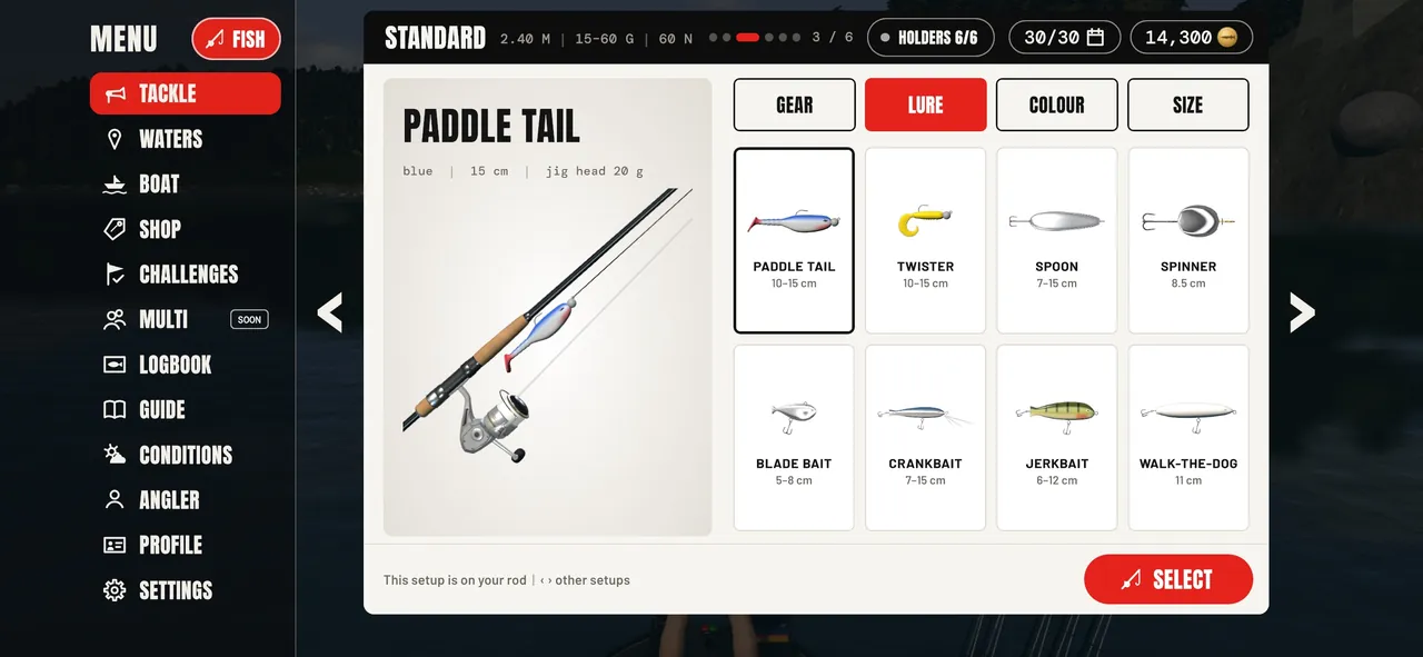 TACKLE screen: choosing one of eight lures