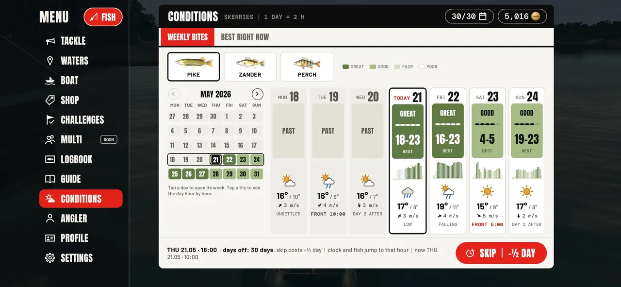 CONDITIONS screen: the week's pike bites in the Skerries with the weather forecast