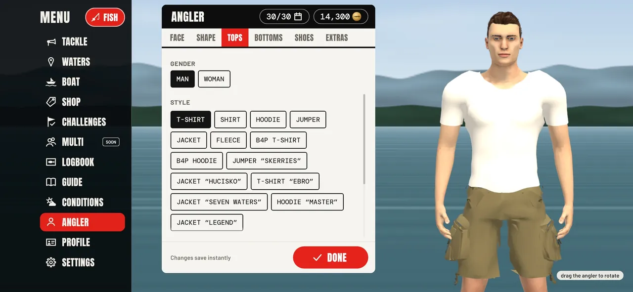 ANGLER screen: choosing clothes, an angler in a white T-shirt