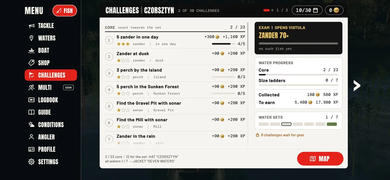 CHALLENGES screen on Czorsztyn with the exam and progress