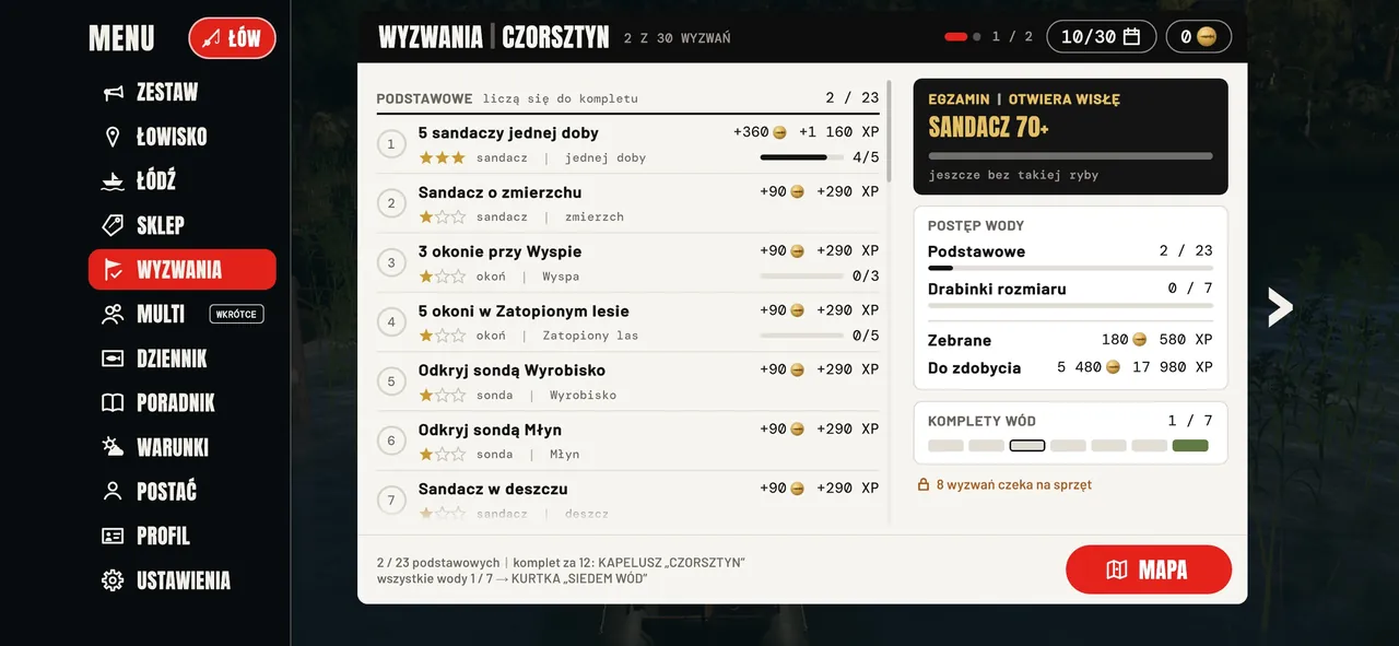 Ekran WYZWANIA na Czorsztynie z egzaminem i postępem