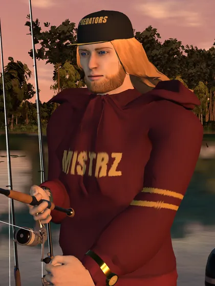 Wędkarz w bordowej bluzie z kapturem